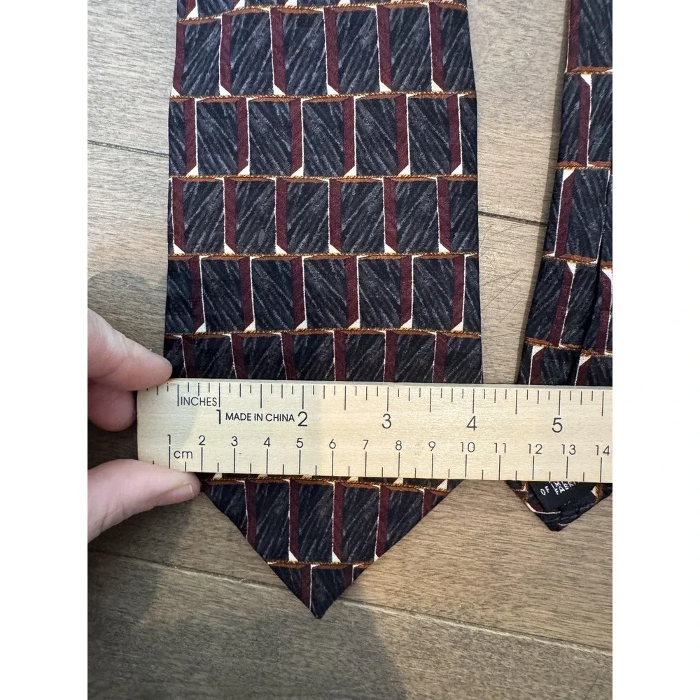 Oscar de la Renta Tie Mens‎ All Silk Geometric Pattern Burgundy Black Abstract